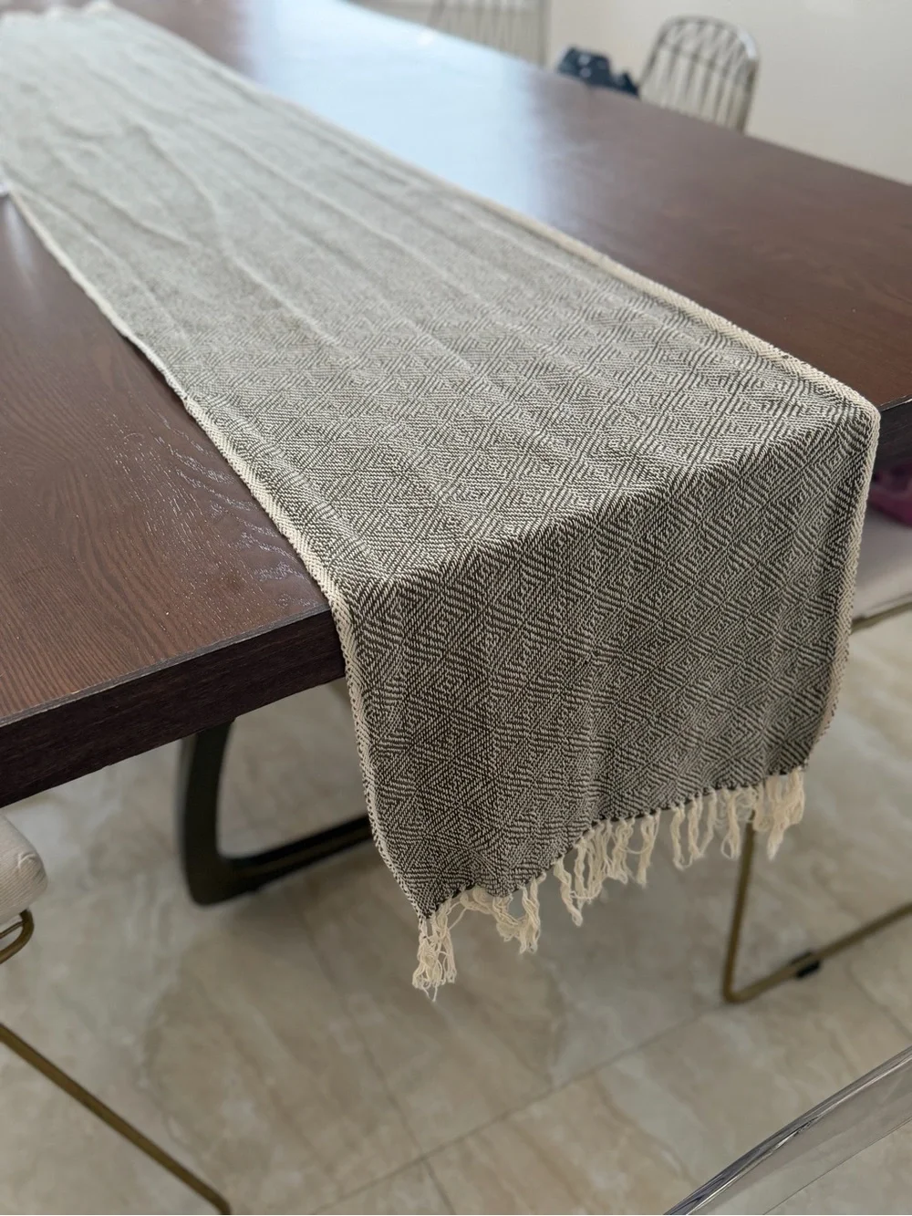 Crate & Barrel Linen Blend Herringbone Table Runner Olive Fringed 16 x 90
